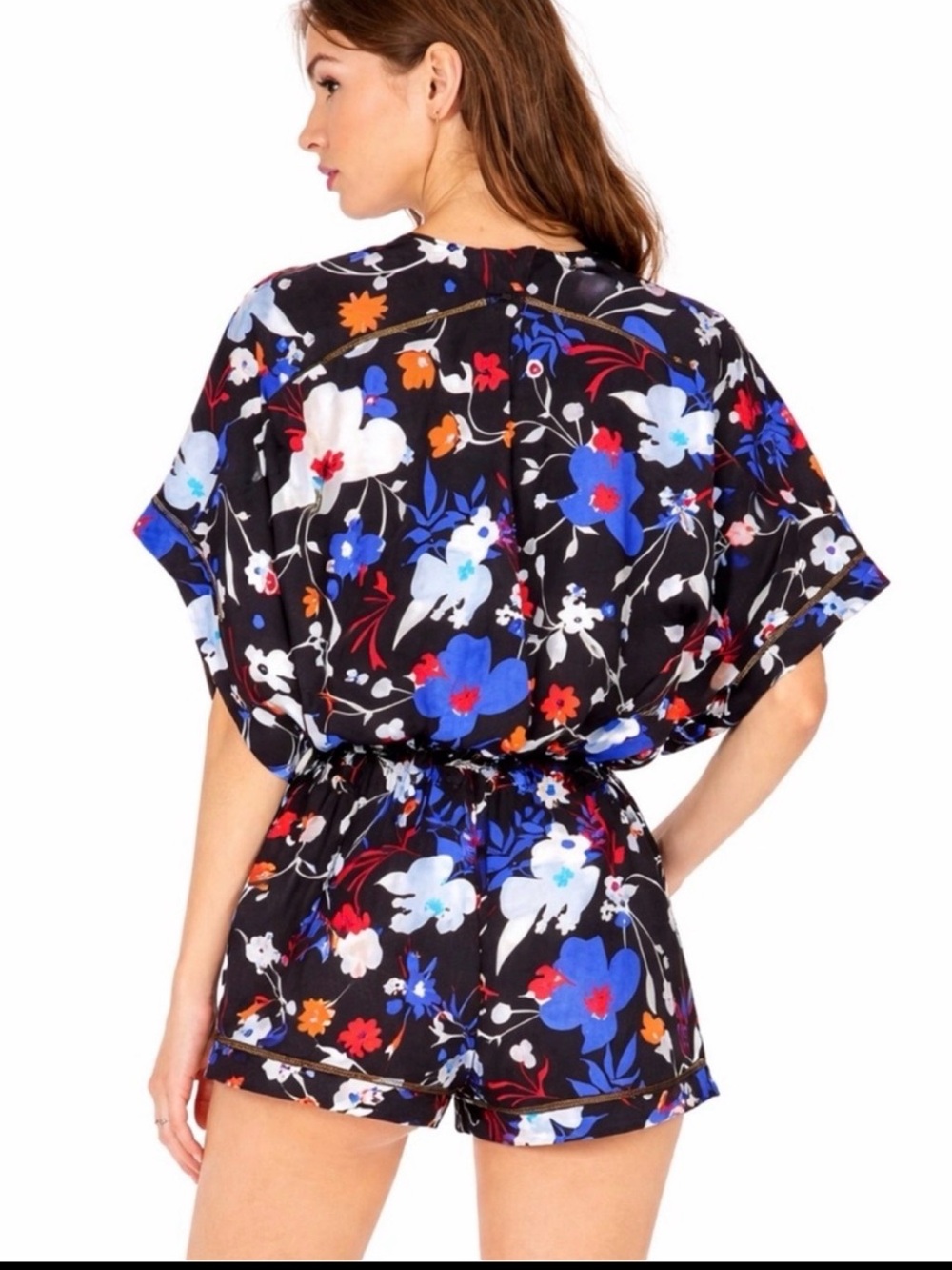 Parker Barry 100% Silk Black Floral V-Neck Romper with Blue, White & Red Accents - Picture 2 of 7